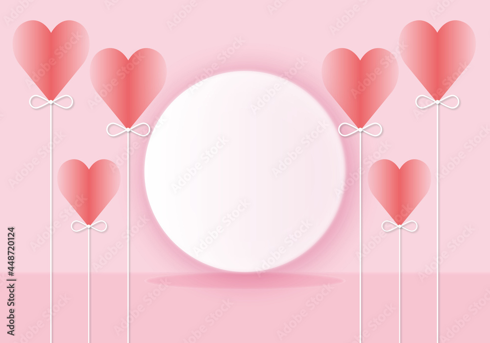 Red heart shaped balloon with white circle on pink background, greeting design for Valentines or Wedding, Holiday illustration for greeting card, Love concept, space for text, paper cut design style.