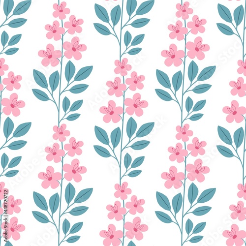 Seamless pattern with pink flowers on a white background. Vector illustration