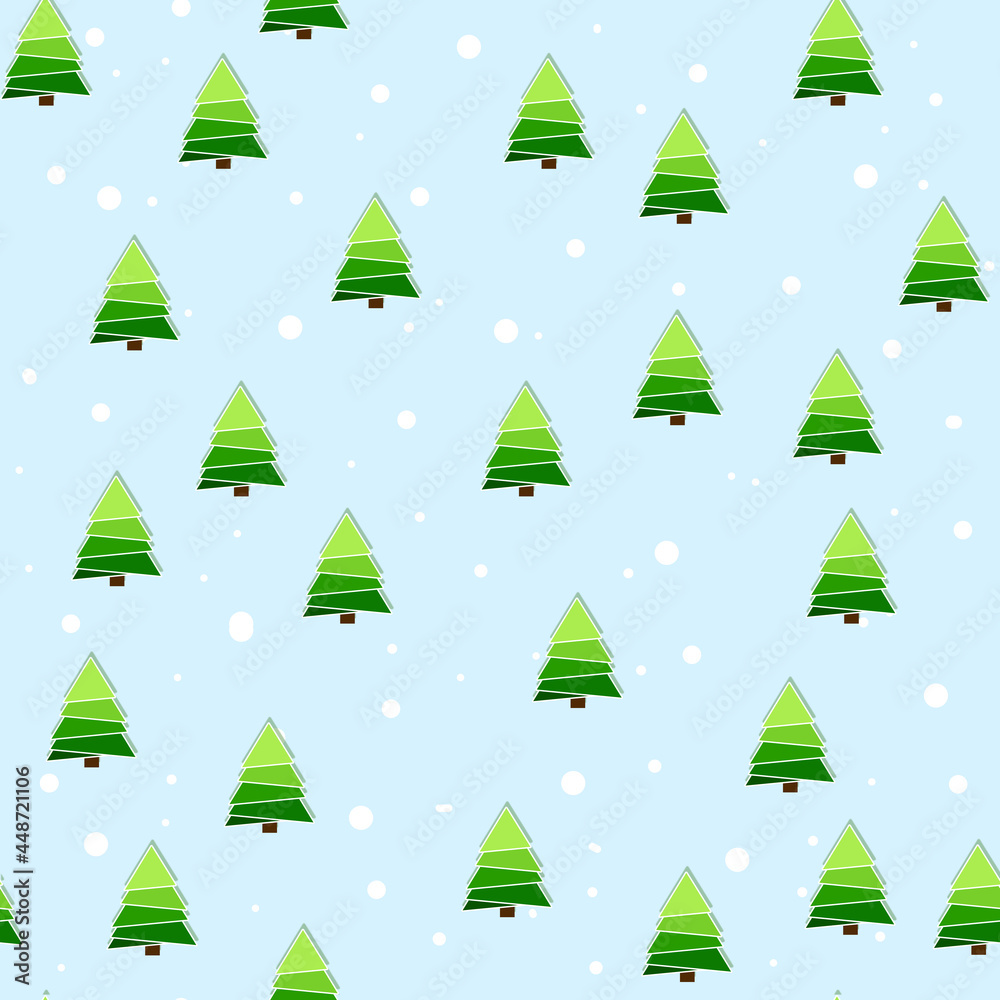 Pattern. Christmas green trees on a blue background with snow.