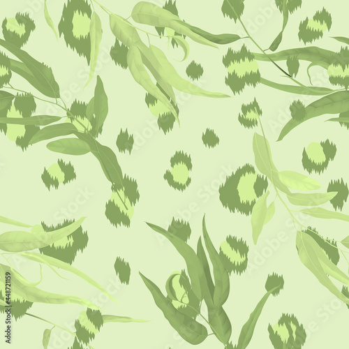 Foliage seamless pattern, eucalyptus leaves with leopard skin in green photo