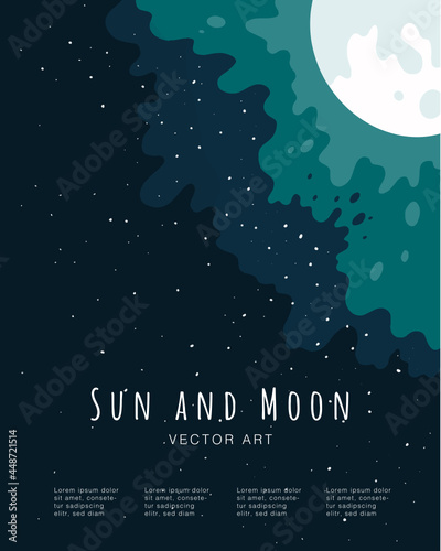 Moon. Sky. Nature. Modern flat vector poster illustration of natural background. Moonlight Festival feeling. Holiday Feeling. Drawings from the hand of the sun and moon. 