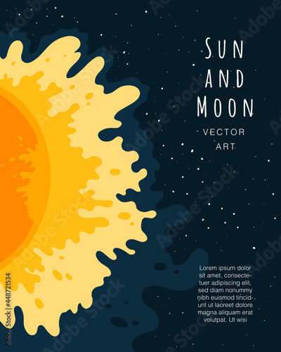 Sun. Sky. Nature. Modern flat vector poster illustration of natural background. Moonlight Festival feeling. Holiday Feeling. Drawings from the hand of the sun and moon. 
