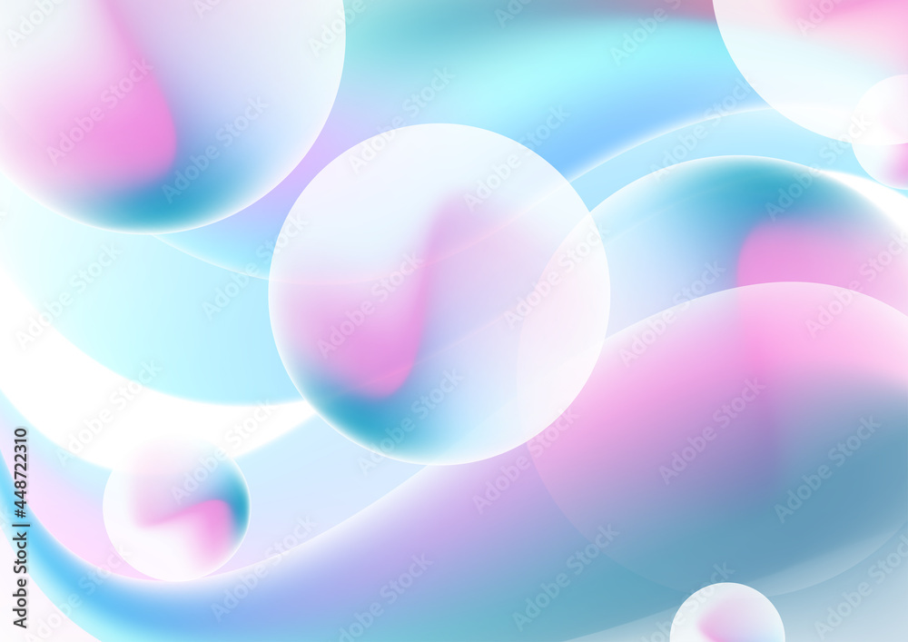Colorful blue pink holographic 3d blurred sphere balls. Abstract liquid waves retro futuristic background. Vector illustration