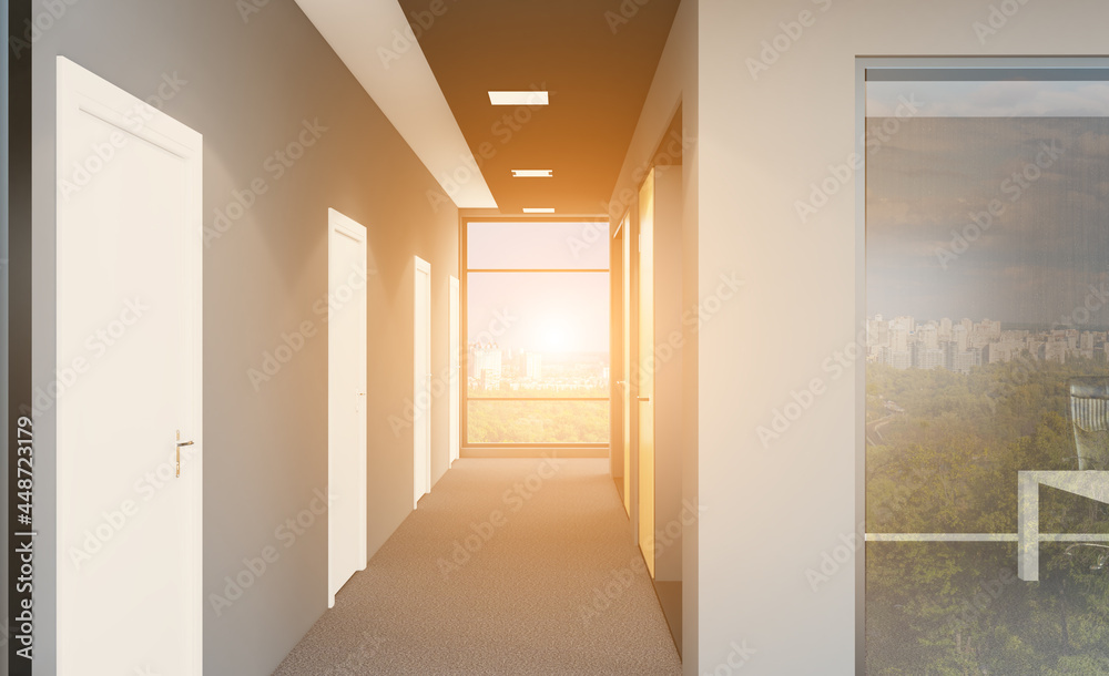 Fototapeta premium Modern office building interior. 3D rendering.. Sunset