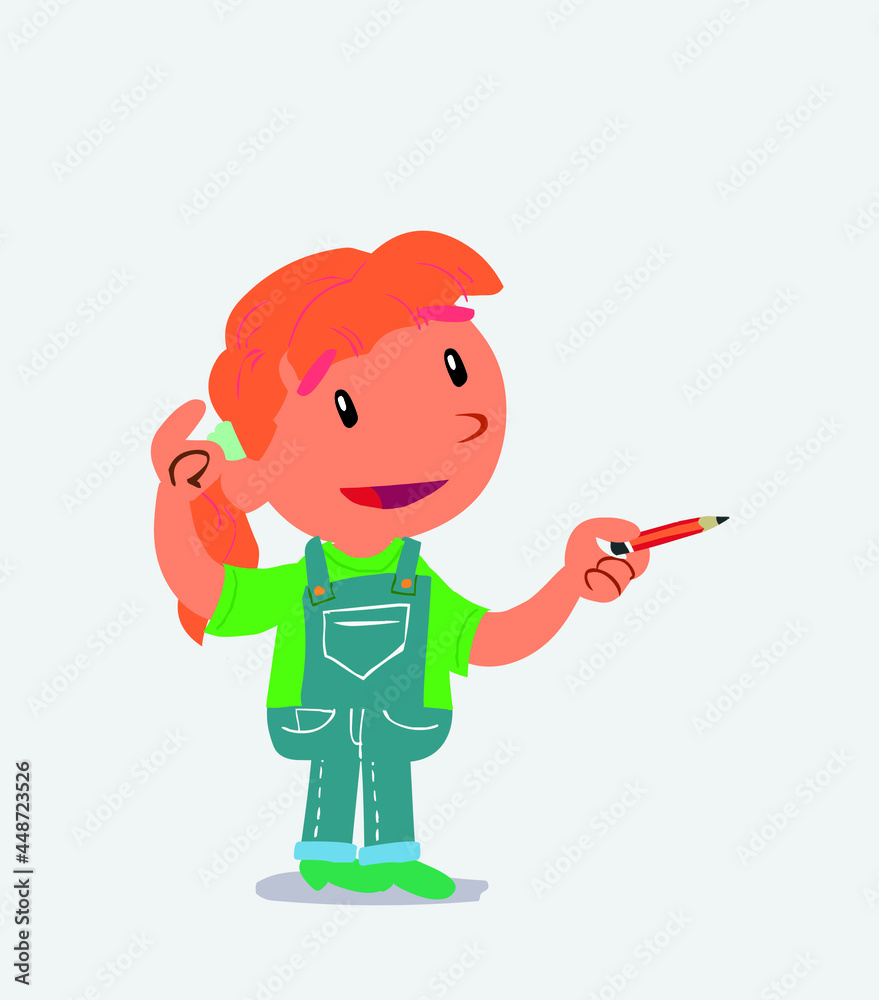 cartoon character of little girl on jeans doubts while pointing with a pencil. cartoon character of little girl on jeans doubts while pointing with a pencil.