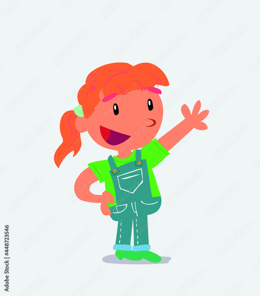 cartoon character of little girl on jeans explaining something while pointing. cartoon character of little girl on jeans explaining something while pointing.