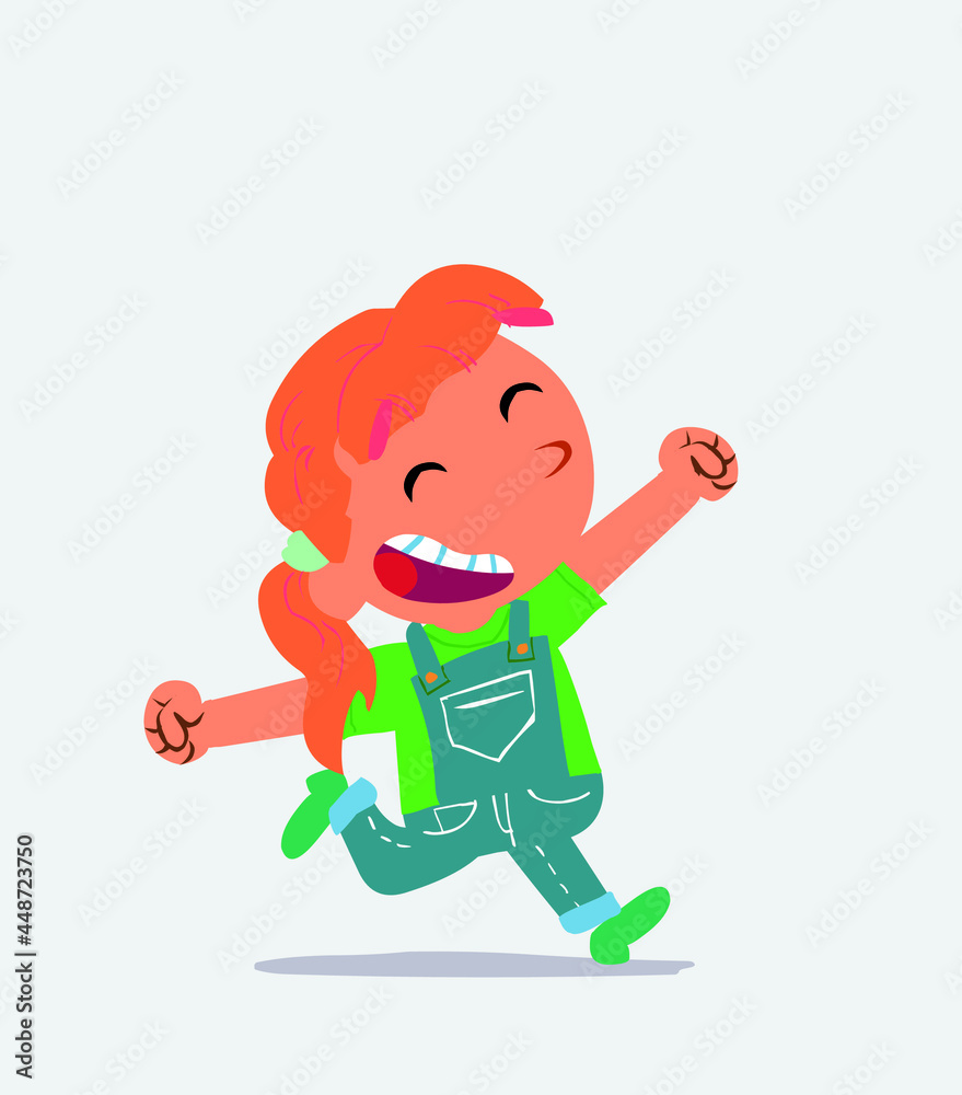 cartoon character of little girl on jeans running very euphoric.