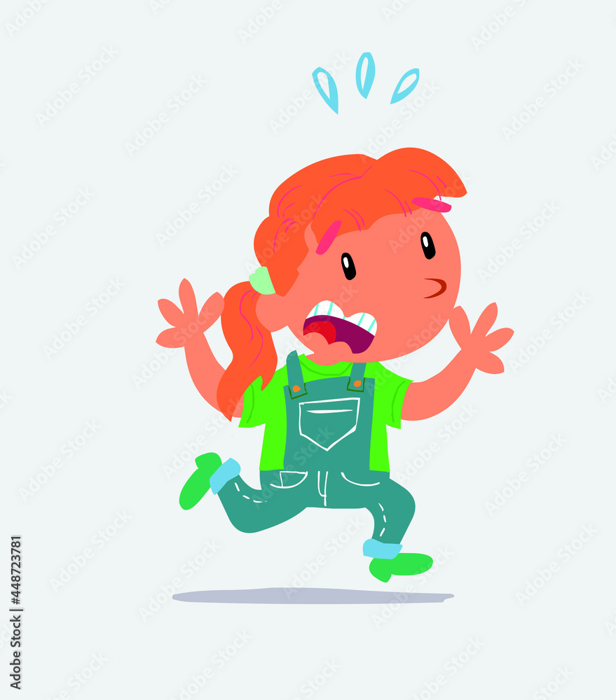 cartoon character of little girl on jeans runs away in terror. cartoon character of little girl on jeans runs away in terror.