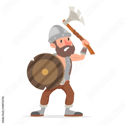 Barbarian viking northerner axe sheld fantasy action game RPG character vector illustration