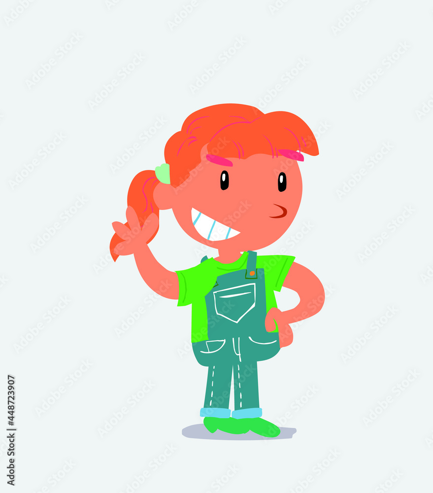 cartoon character of little girl on jeans waving while smiling. cartoon character of little girl on jeans waving while smiling.