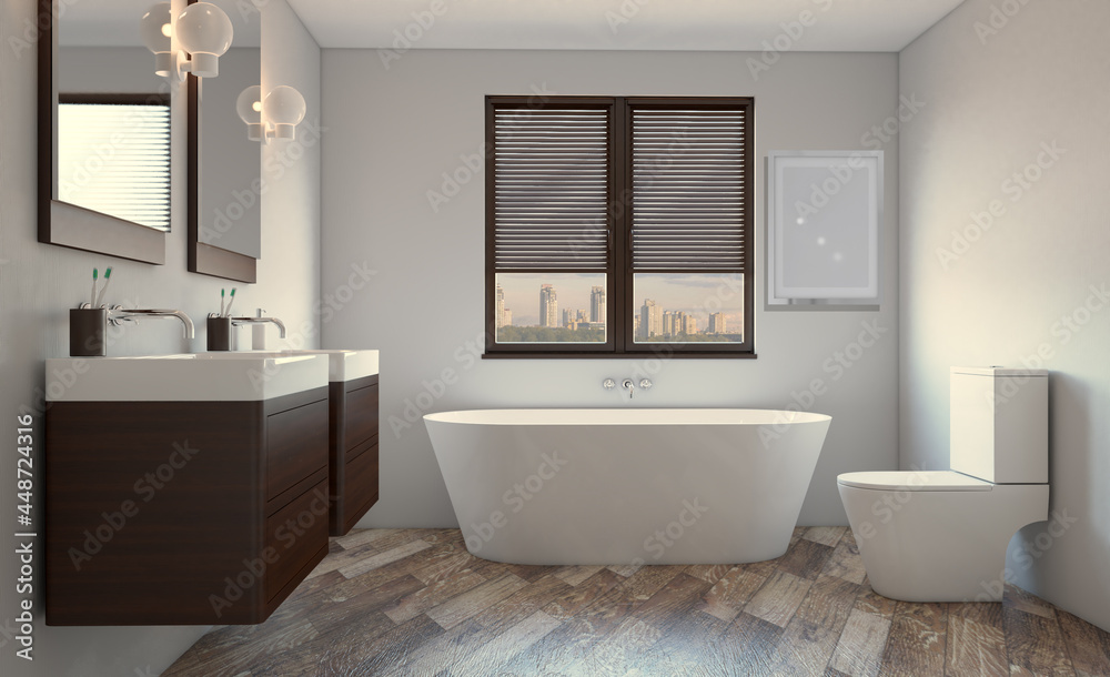 Fototapeta premium Clean and fresh bathroom with natural light. 3D rendering.. Blank paintings. Mockup.