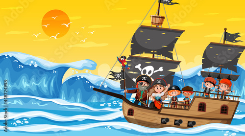 Treasure Island scene at sunset time with Pirate kids