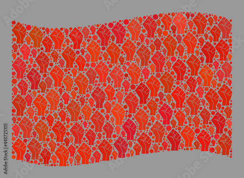 Mosaic waving red flag designed with force items. Conflict hand vector mosaic windy red flag designed for revolt propaganda. Designed for political or patriotic posters.