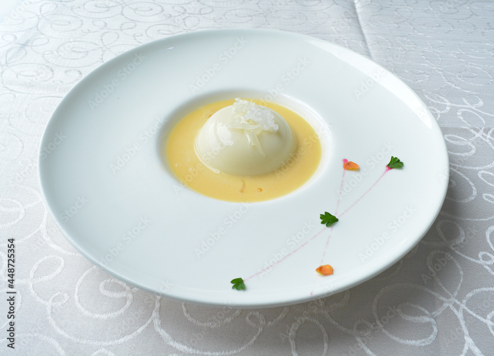 chilled mango pudding with mango puree soup dessert in white background asian halal menu chilled mango pudding with mango puree soup dessert in white background asian halal menu