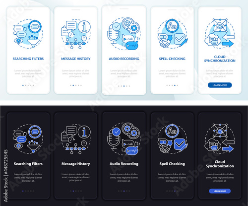 Messaging service pros onboarding mobile app page screen. Chat history walkthrough 5 steps graphic instructions with concepts. UI  UX  GUI vector template with linear night and day mode illustrations