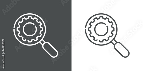 Investigación industrial. Logotipo engranaje dentro de lupa con lineas en fondo gris y fondo blanco