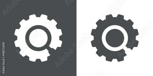 Investigación industrial. Logotipo engranaje con lupa en fondo gris y fondo blanco