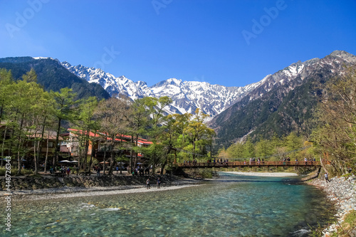 Kamikochi National Park in the Northern Japan Alps of Nagano Prefecture, Japan. Beautiful snow mountain with river.  One of the most beautiful place in Japan.