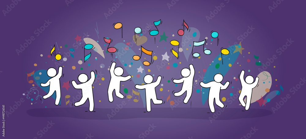 Flying notes with dancing little people. Flying notes with dancing little people.