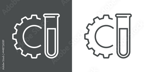 Laboratorio de química. Logotipo engranaje con tubo de ensayo con lineas en fondo gris y fondo gris