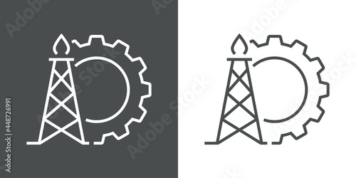 Campo petrolífero. Logotipo engranaje con torre de extracción de crudo con lineas en fondo gris y fondo blanco