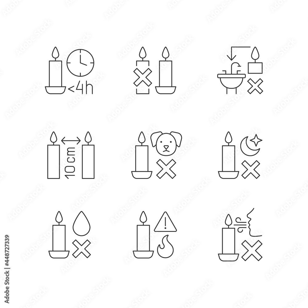 Candle safety regulations linear manual label icons set. Leftover disposal. Customizable thin line contour symbols. Isolated vector outline illustrations for product use instructions. Editable stroke Candle safety regulations linear manual label icons set. Leftover disposal. Customizable thin line contour symbols. Isolated vector outline illustrations for product use instructions. Editable stroke