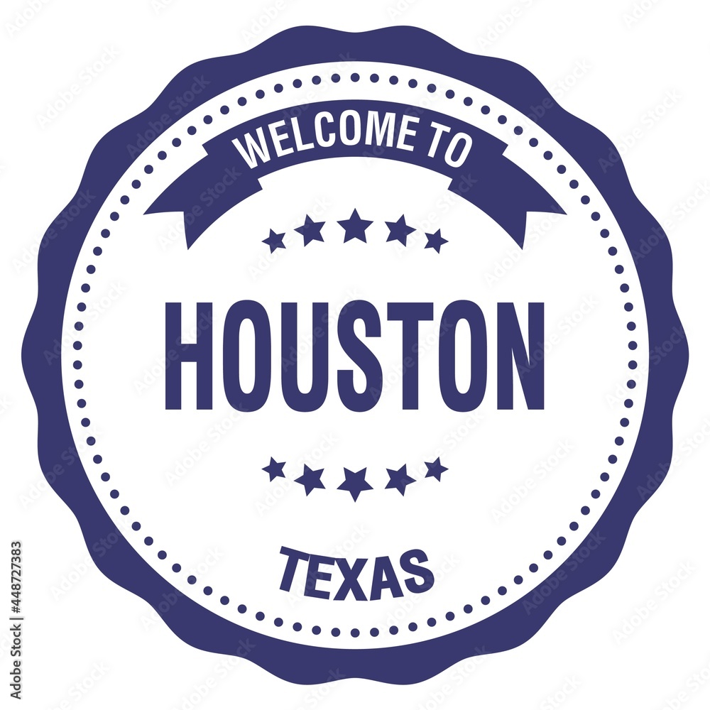 WELCOME TO HOUSTON - TEXAS, words written on blue stamp