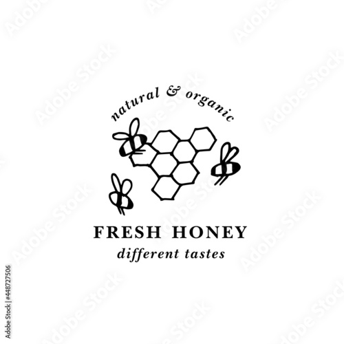 Vector illustartion logo and design template or badge. Organic and eco honey label- stick or dipper for honey with honeycomb. Linear style