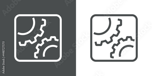 Maquinaría industrial. Icono plano 2 engranajes en cuadrado con lineas en fondo gris y fondo blanco