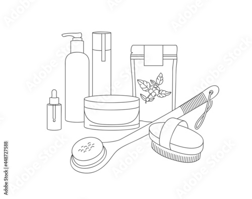 Vector linear illustration set wood dry brush for scrubbing body with coffee scrub, lotion and cosmetic cream. Beauty tool for daily body care.