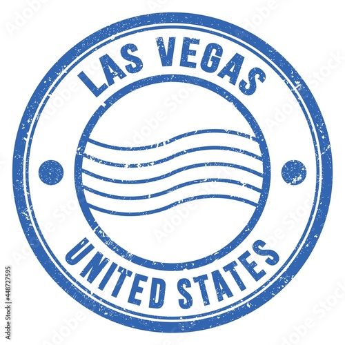 Photography LAS VEGAS - UNITED STATES, words written on light blue postal stamp