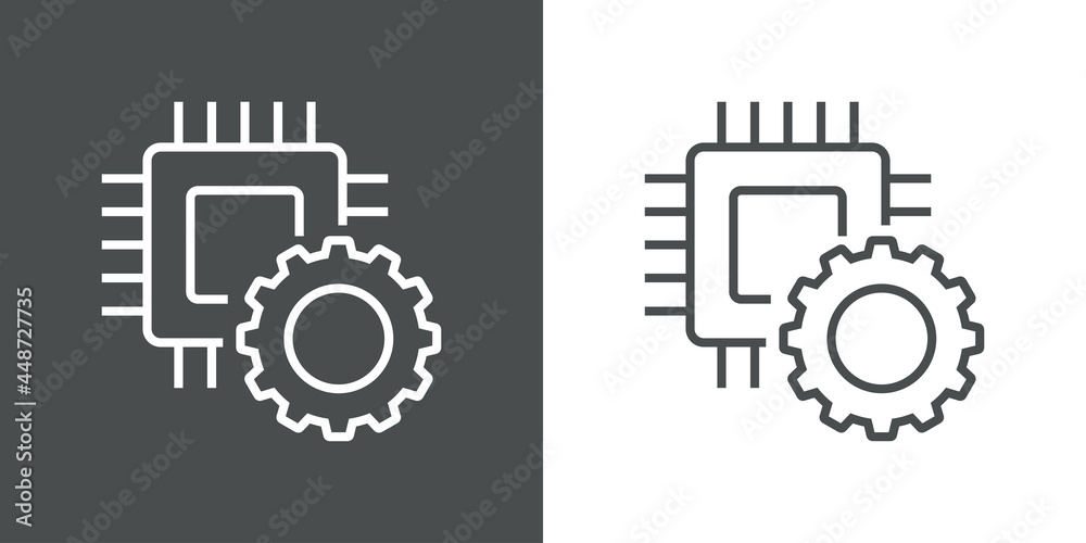 Tecnología electrónica. Logotipo con engranaje con procesador con circuito digital con lineas en fondo gris y fondo blanco Tecnología electrónica. Logotipo con engranaje con procesador con circuito digital con lineas en fondo gris y fondo blanco