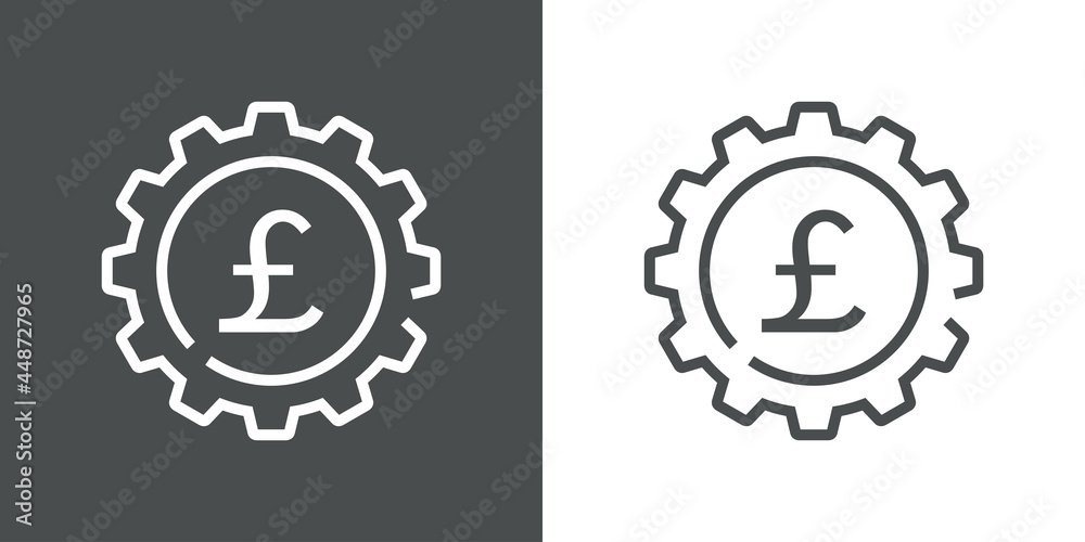 Obraz premium Proceso financiero. Logotipo engranaje con símbolo de la libra con lineas en fondo gris y fondo blanco