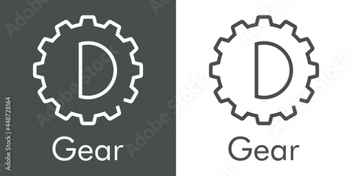 Logotipo palabra Gear con letra inicial D en silueta de engranaje con lineas en fondo gris y fondo blanco