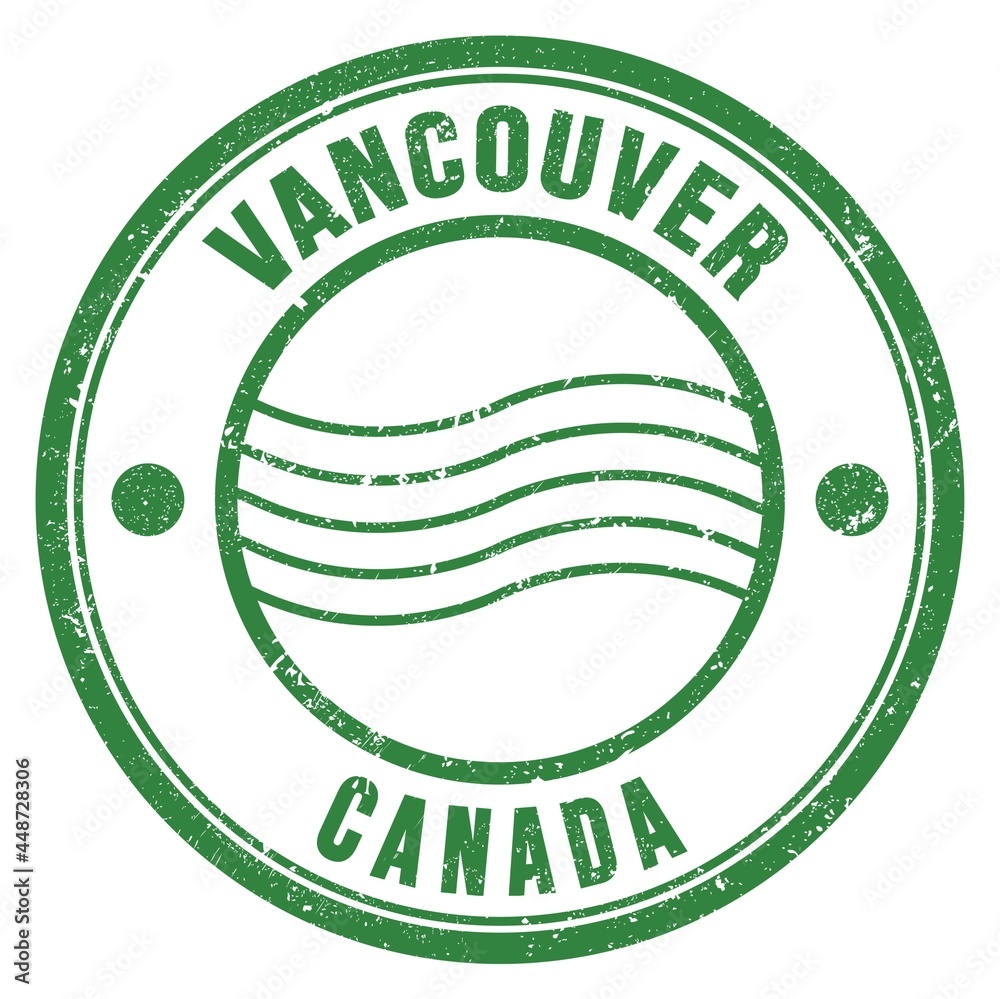 VANCOUVER - CANADA, words written on green postal stamp VANCOUVER - CANADA, words written on green postal stamp