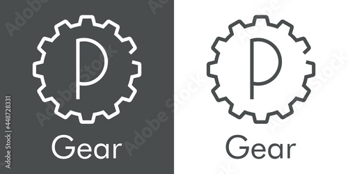 Logotipo palabra Gear con letra inicial P en silueta de engranaje con lineas en fondo gris y fondo blanco