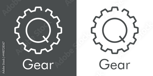 Logotipo palabra Gear con letra inicial Q en silueta de engranaje con lineas en fondo gris y fondo blanco