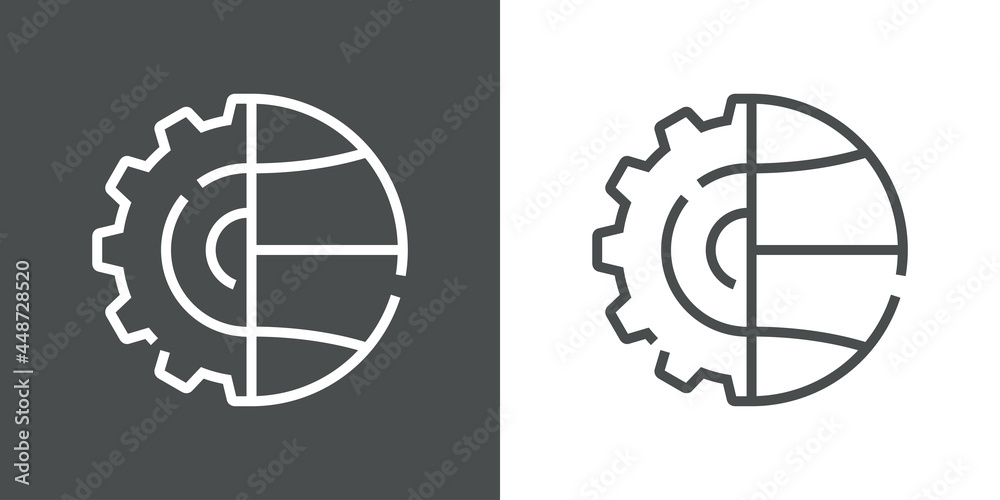 Icono plano engranaje con globo terráqueo con lineas en fondo gris y fondo blanco Icono plano engranaje con globo terráqueo con lineas en fondo gris y fondo blanco