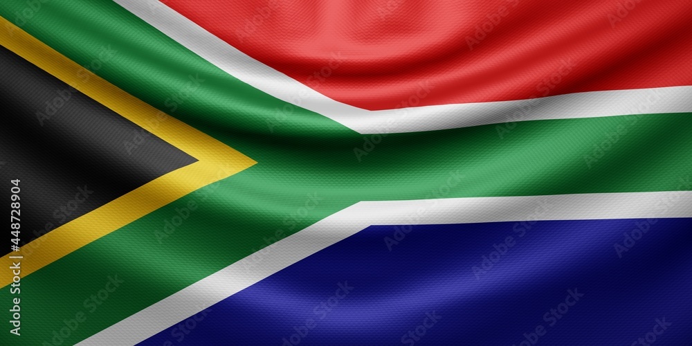 Hanging wavy national flag of South Africa with texture. 3d render.