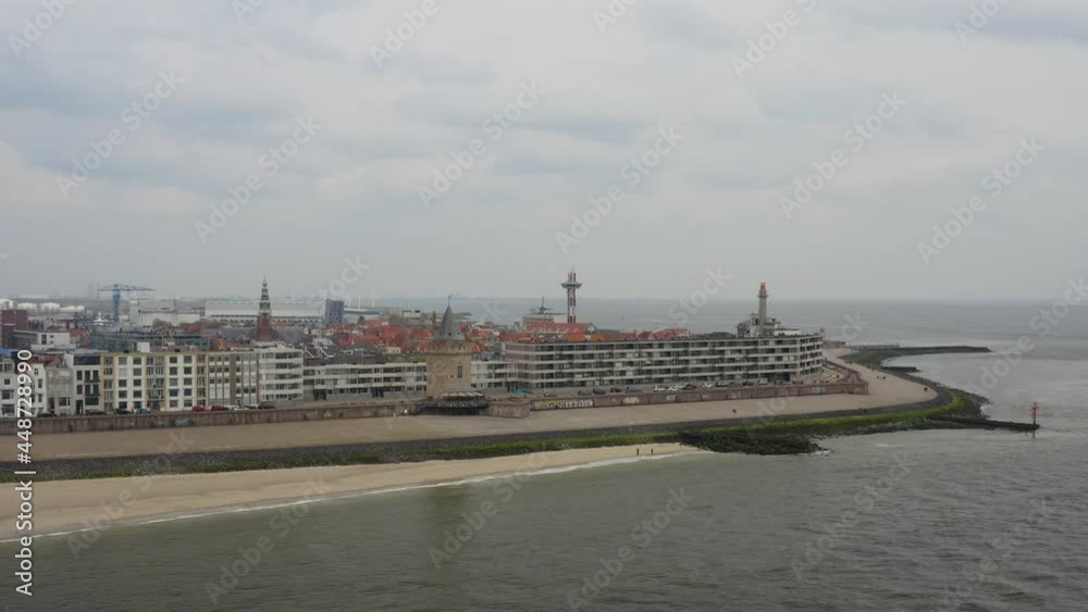 Aerial panorama with the orbit over the waterfront boulevard of Vlissingen, Zeeland, The Netherlands Aerial panorama with the orbit over the waterfront boulevard of Vlissingen, Zeeland, The Netherlands