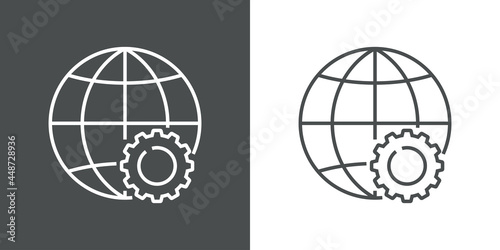 Icono plano engranaje con globo terráqueo con lineas en fondo gris y fondo blanco