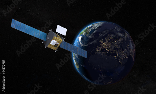 Nouveau satellite de télécommunication en orbite autour de la Terre - Map de la Nasa - Rendu 3D photo