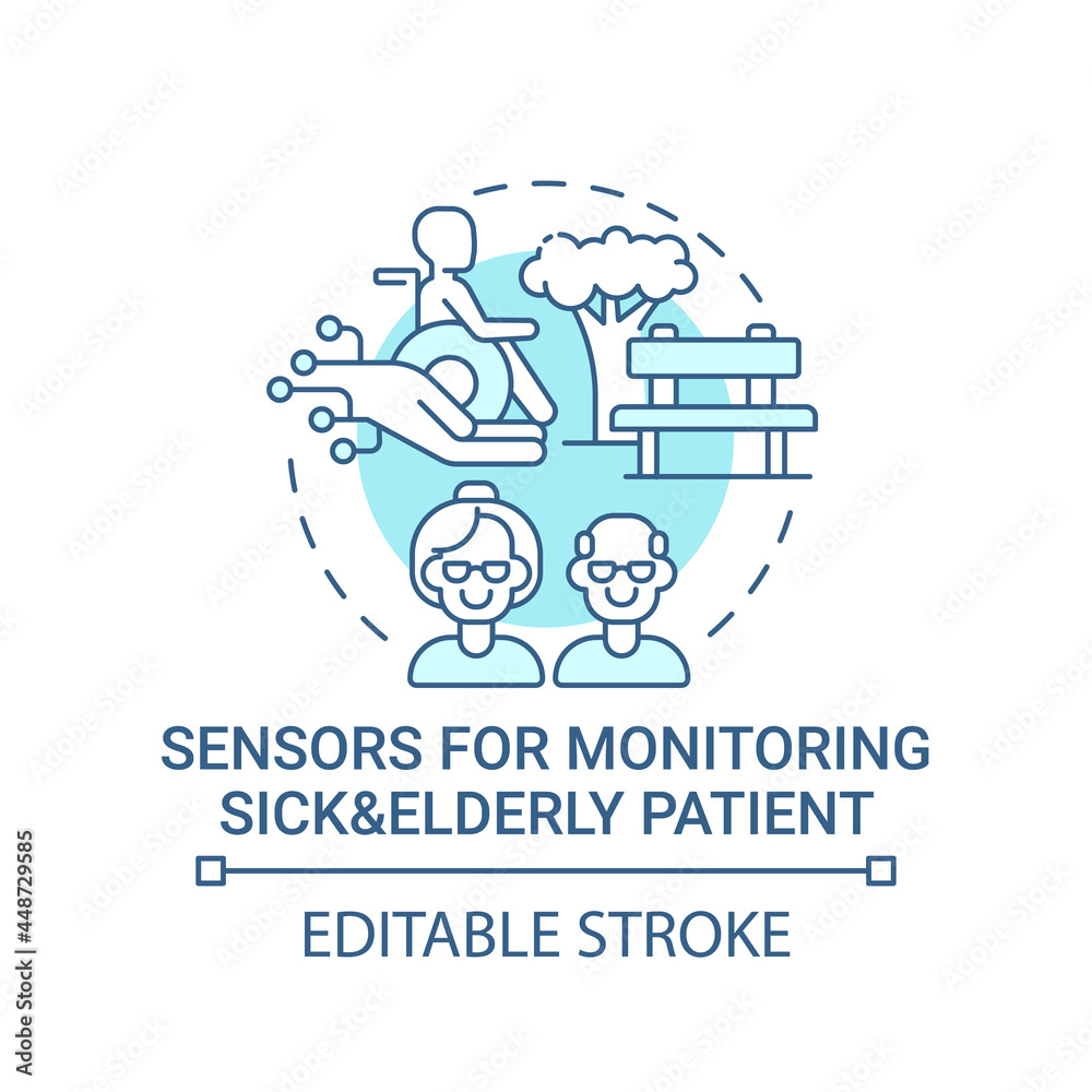 Sensors for monitoring sick and elderly patients concept icon. Healthcare sensor system abstract idea thin line illustration. Vector isolated outline color drawing. Editable stroke Sensors for monitoring sick and elderly patients concept icon. Healthcare sensor system abstract idea thin line illustration. Vector isolated outline color drawing. Editable stroke