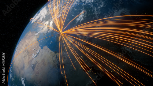 Earth in Space. Orange Lines connect Istanbul, Turkey with Cities across the World. Worldwide Travel or Communication Concept.