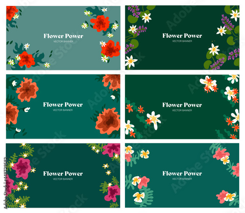 Web banner. Flower Power. Nature. Hippie. Abstract flat vector illustration of a floral background. Flower Shop. Festival feeling. Holiday Feeling. Drawings from the hand of flowers. 