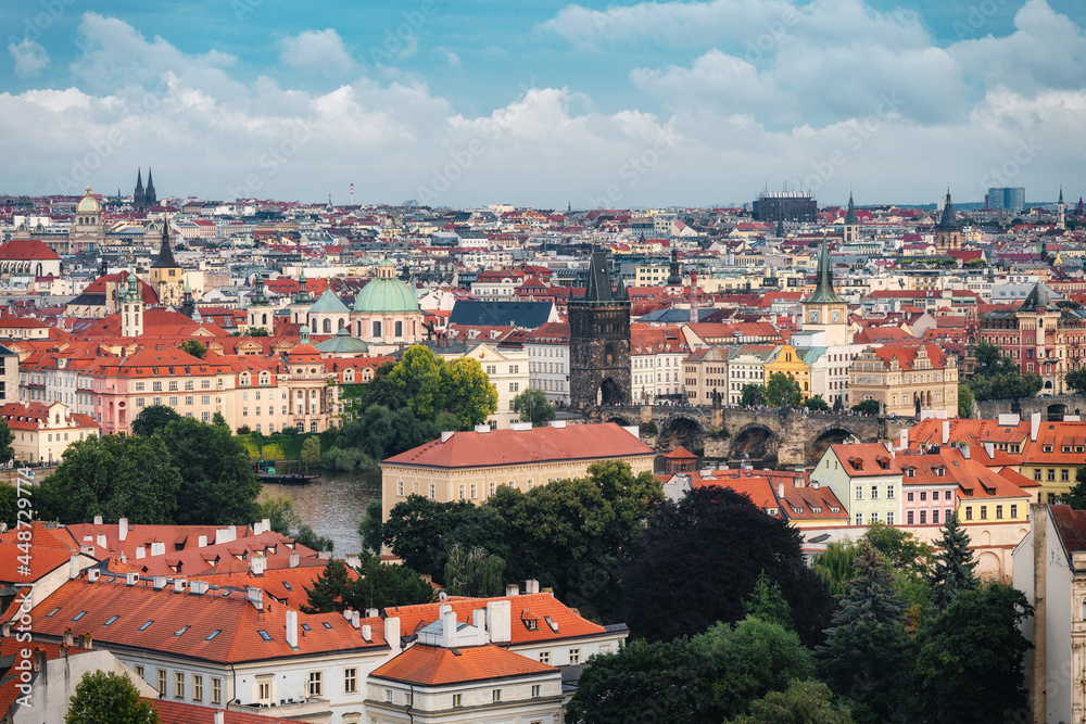 Obraz premium Beautiful rooftop view over Prague, Charles Bridge, old town and the city center