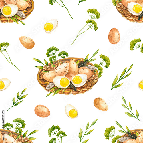 Seamless pattern with watercolor boiled eggs and feathers in wicker basket. Hand drawn illustration is isolated on white. Ornament is perfect for agricultural design  rural wallpaper  fabric textile