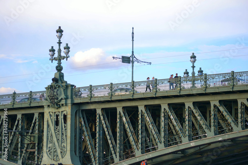 Trinity or Eiffel bridge of Saint Petersburg across the Neva river in white nights, Russia, closeup