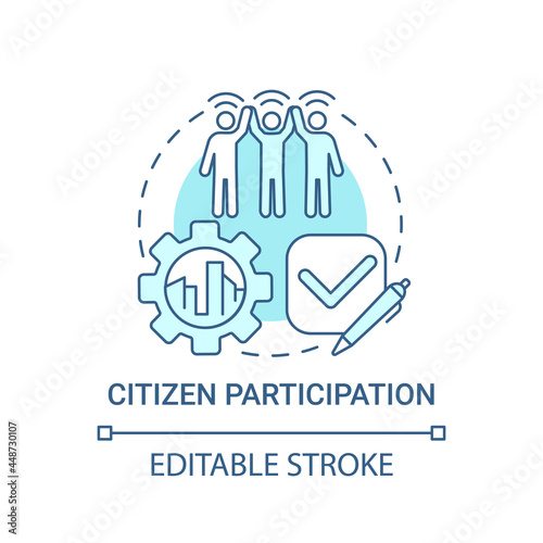 Citizen participation blue concept icon. People involvement abstract idea thin line illustration. Group of people take decision together. Vector isolated outline color drawing. Editable stroke