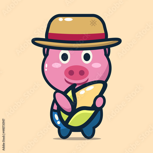  vector illustration of cute pig holding big corn